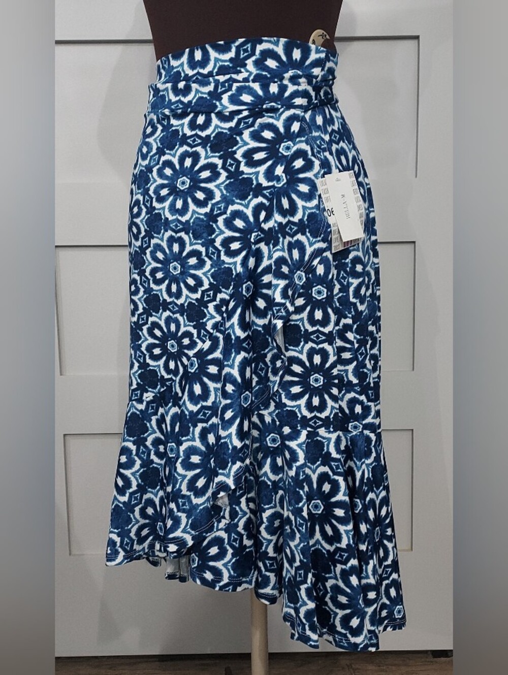 NWT LULA ROE BELLA HI LOW WRAP Blue Floral Midi Skirt Medium